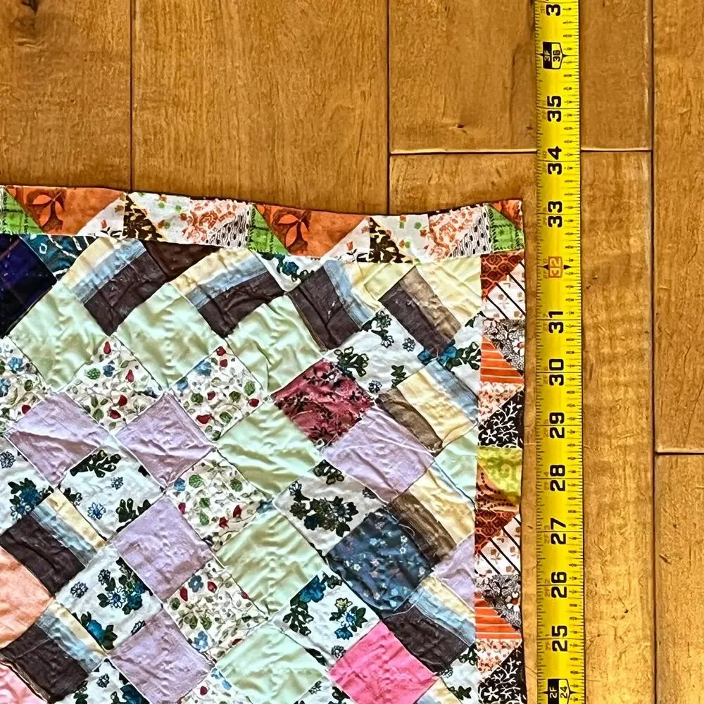 Handmade Vtg Patchwork Quilt 39x33 Diamond Pattern Baby Blanket Multicolor Throw